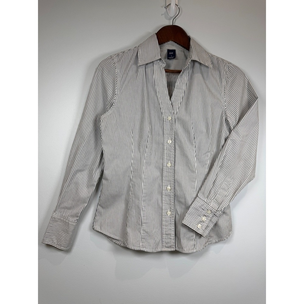 Gap Womens Pinstripe Button Down Shirt Small‎ Black White Striped Long Sleeve